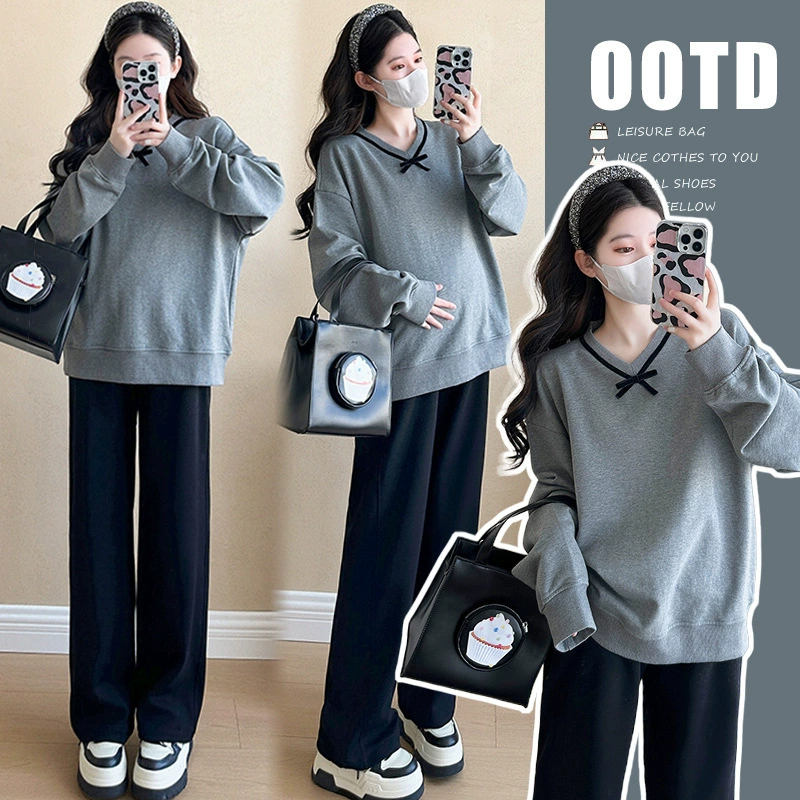 Верхняя одежда для беременных женщин осень 2024 новый свободный большой размер футболка с длинными рукавами весной и осенью корейская версия свитер с бантом