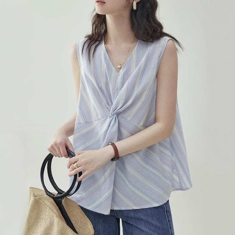 "Beidao Amuu Original" Korean Stripesd Sleeveless V Neck Twist Shirt Women's Summer New Loose Vest Top