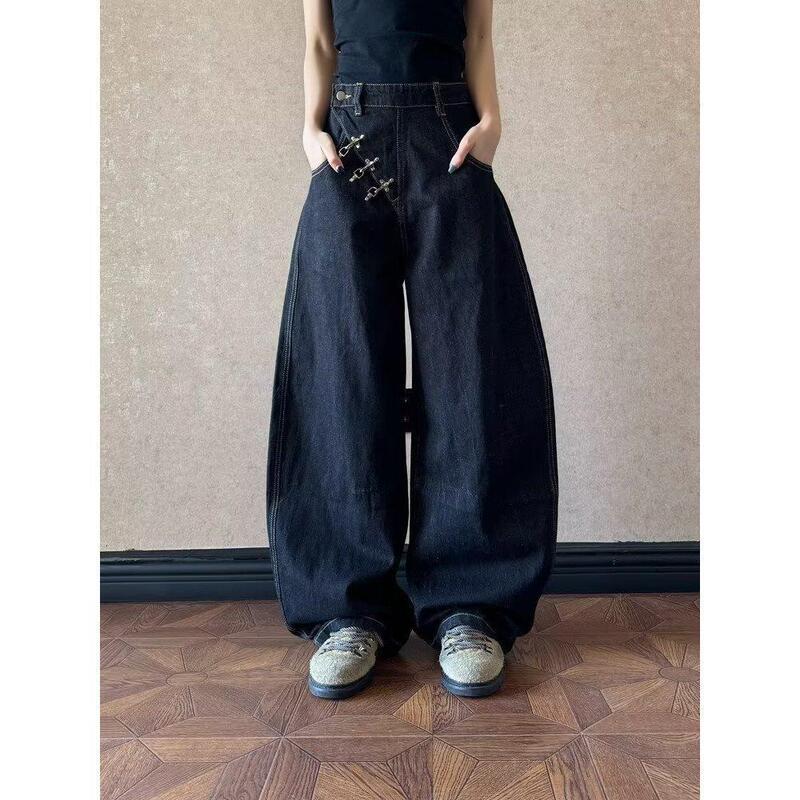 American-Style High-End Jeans with Airplane Buckle and Curved Hem, Vintage Fashion Raw Denim Floor-Length Pants for Trendy Men