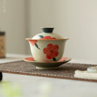 青花火石红三才盖碗釉下彩纯手绘泡茶器家用高颜值功夫茶具敬茶碗