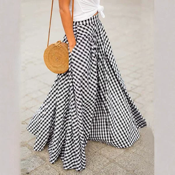Foreign Trade 2025 Spring and Summer New Style Wish Elegant and Versatile Plaid Mid-Length High-Waisted Large Hem Skirt Draped Skirt