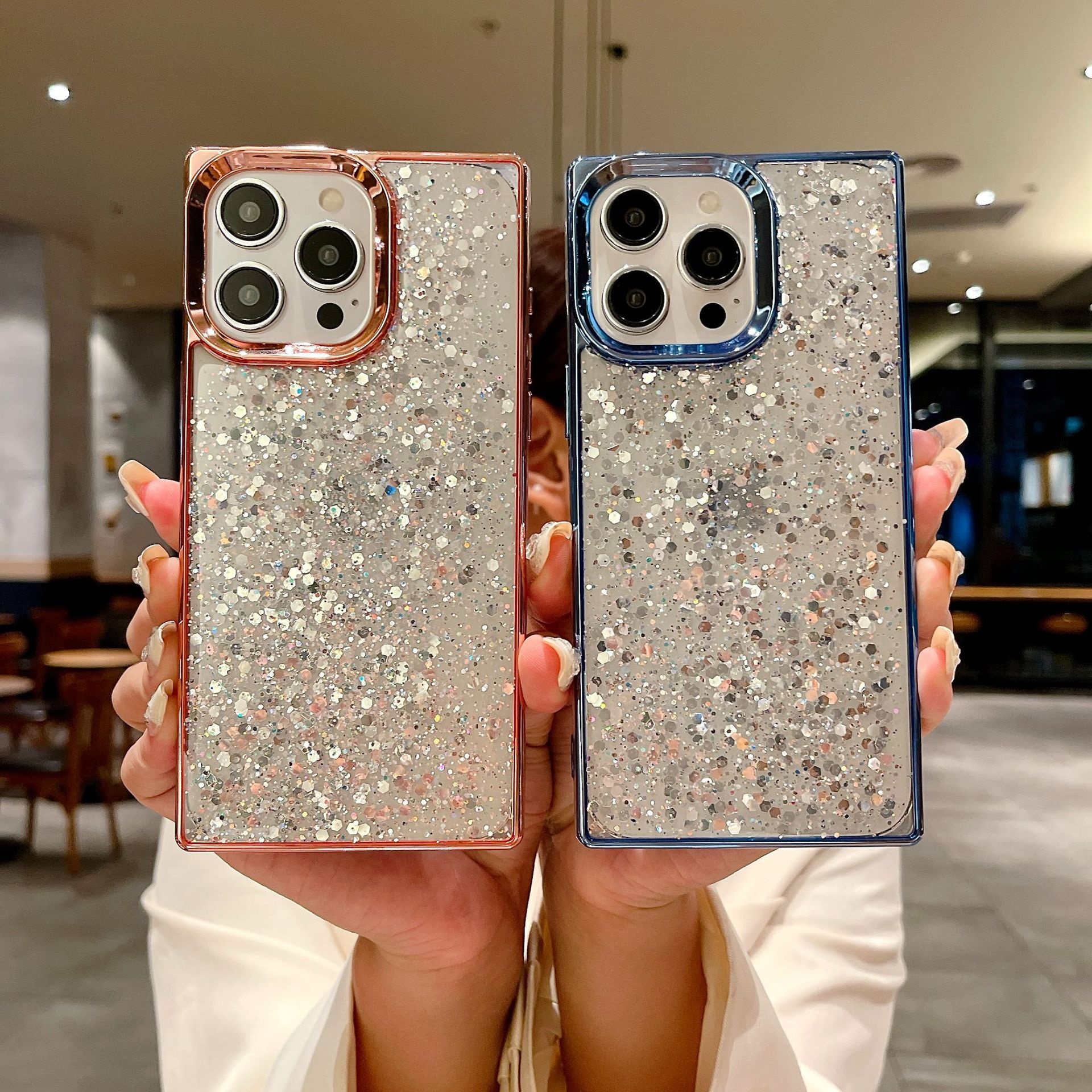 Cuadrado galvanizado goteo de polvo de polvo de brillo de polvo iPhone16Promax caso de teléfono móvil para Apple 14 Pro