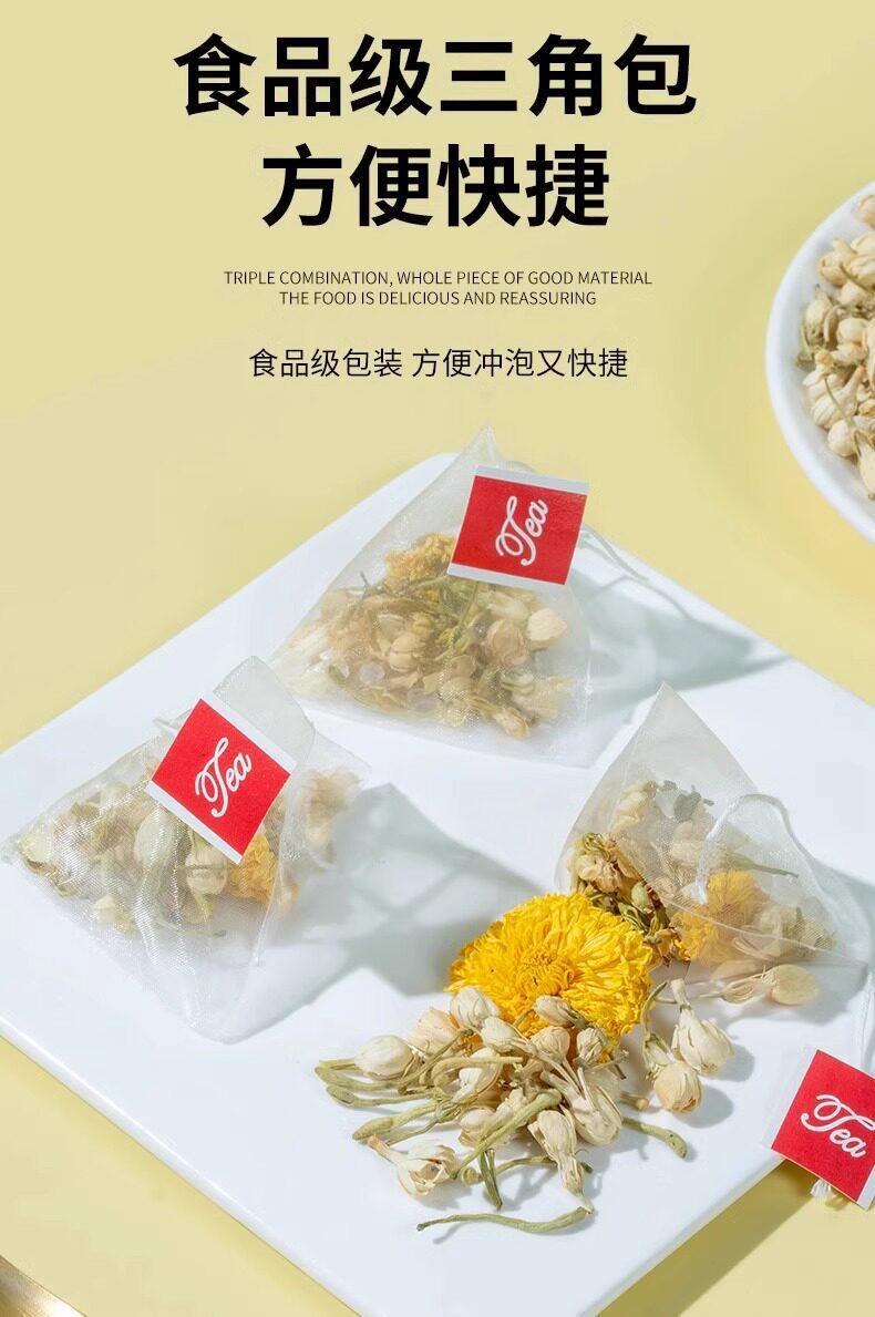 Three Flower Tea San Hua Cha Honeysuckle Chrysanthemum Jasmine Tea Bags 100 Pack Herbal Wellness Tea in use