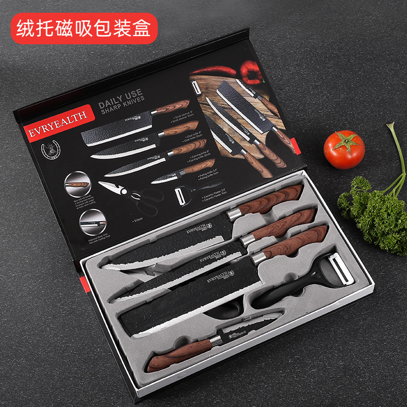 Comercio exterior de acero inoxidable martillo 6 piezas cuchillo de cocina doméstico cuchillo de cocina de corte de verduras martillo negro conjunto de herramientas de corte