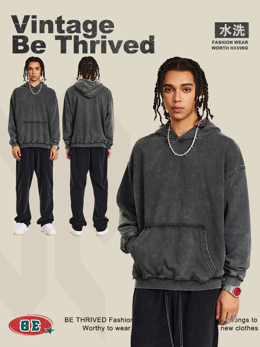 Be Hombres| 2025 otoño calle alta 410G sudadera encapuchada bordes sueltos vibe batítico suelta camisa con sombrera para hombres y mujeres