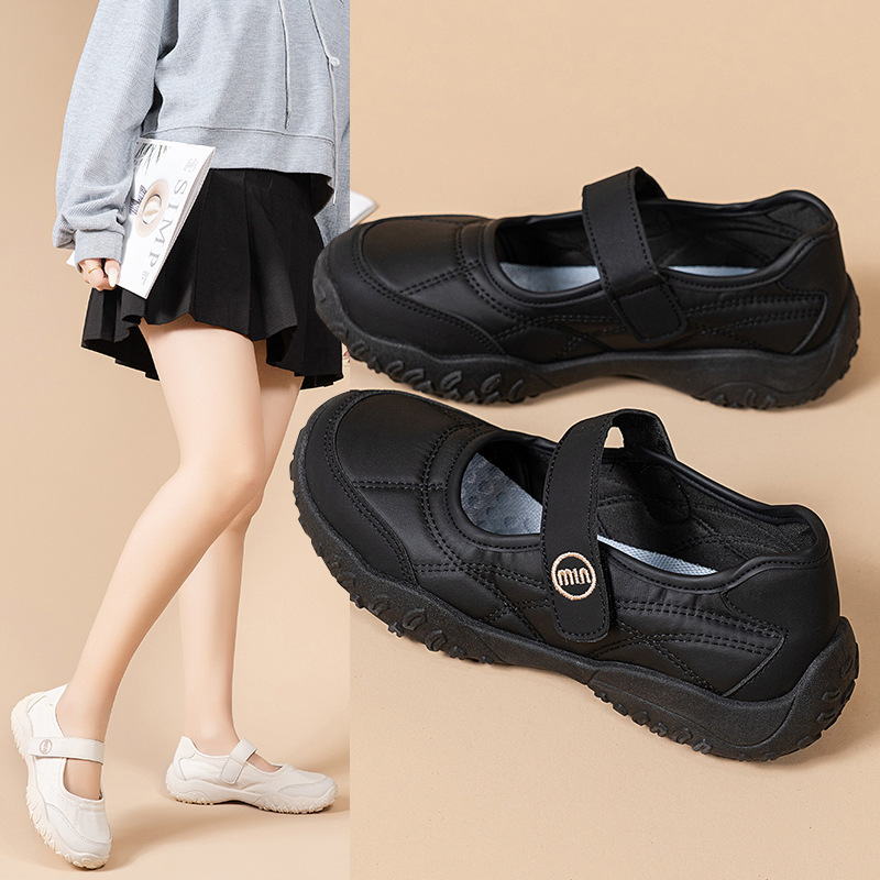(Dropshipping) New Style Shallow Mouth Velcro Women's Shoes, Non-Slip, Wear-Resistant, Soft Sole, Soft Surface, White Mary Jane Shoes