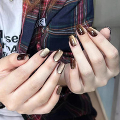 X282 False Nails Adhesive Stickers Removable Wearable Nails Fashion and Elegant Style Brown Cat Eye Handmade Layered Gel LED Nail Polish