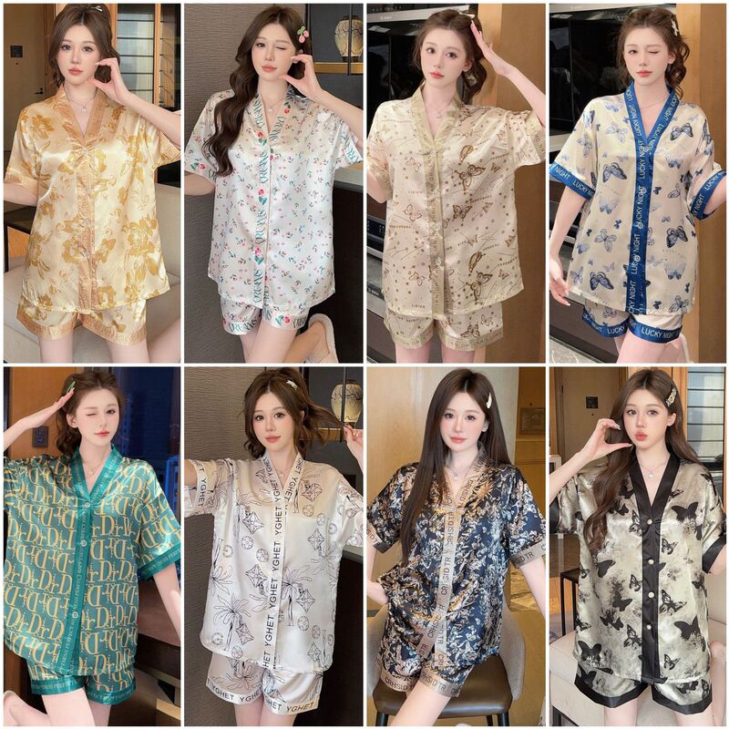Manufacturer's Silk Short-Sleeved Two-Piece Women's Pajamas Thin Printed Ice Silk Home Clothes Hot-Selling New Cross-Border Orders