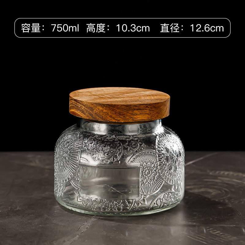 Hogar vintage Begonia flor realzada snack caramelo almacenamiento tarro bambú cubierta americana cocina transparente vidrio sellado frasco