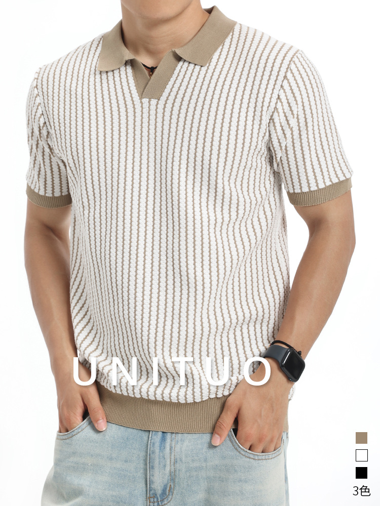 Camisas de polo de punto a rayas verticales de verano hombre ligero viento collar de collar de manga corta chaqueta de negocios casual al por mayor transfronteriza