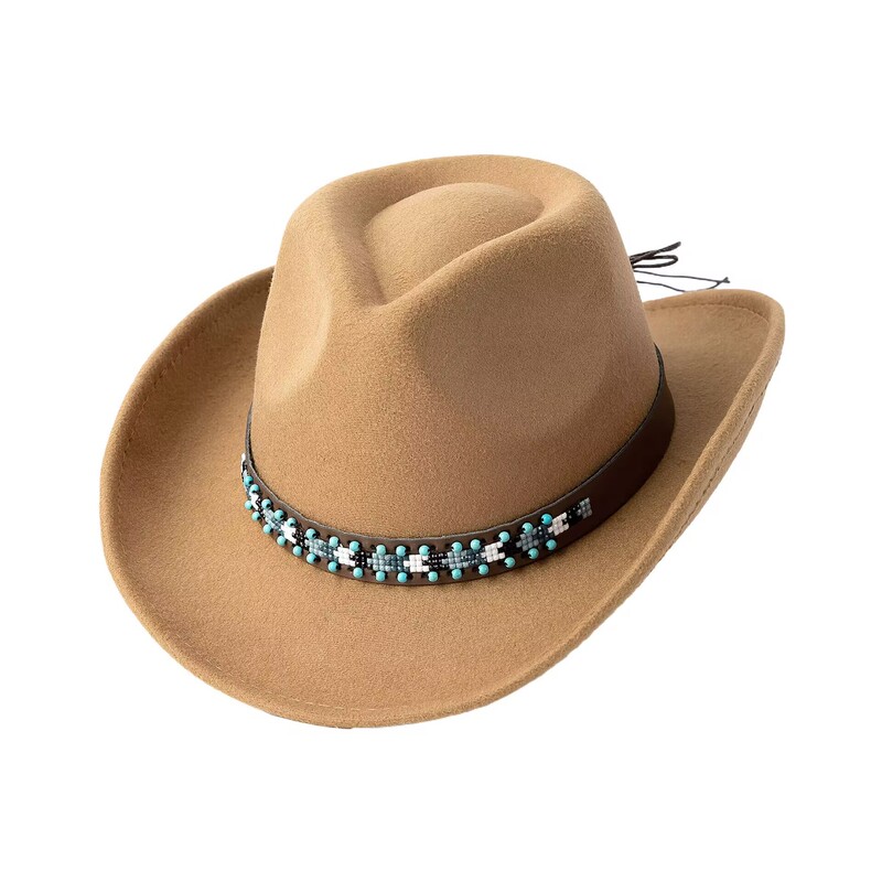 Amazon Cross-border Explosions Western Cowboy Hat Men's and Women's Fashion Retro Beaded Belt Big Brim Jazz Hat Woolen Hat