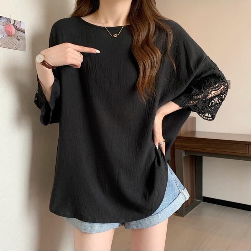 2024 Lace Casual Short-sleeved Loose Slimming Lazy Style Stitching Mid-length Top Women's T-shirt Oversize