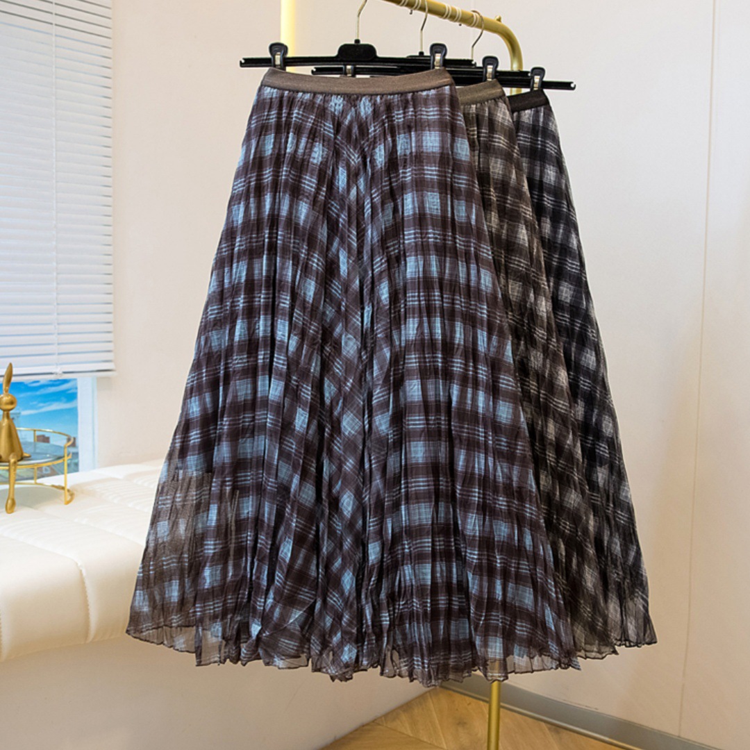 复古格纹垂感压褶网纱半身裙女秋季2025新款高腰过膝百褶中长裙子