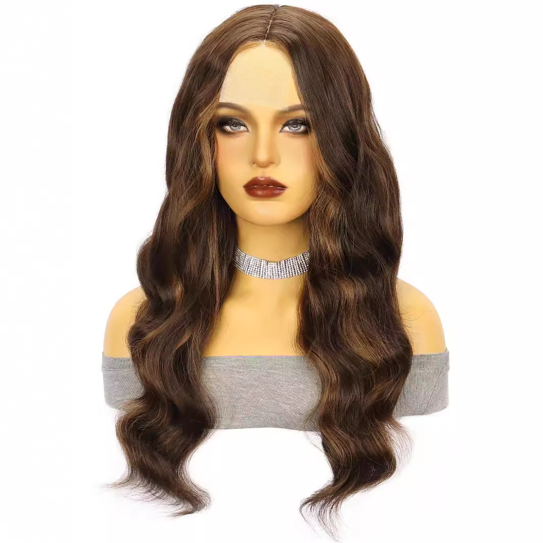 Amazon nuevo marrón onda grande largo rizo pelo de fibra química frente encaje señoras peluca pequeño en stock