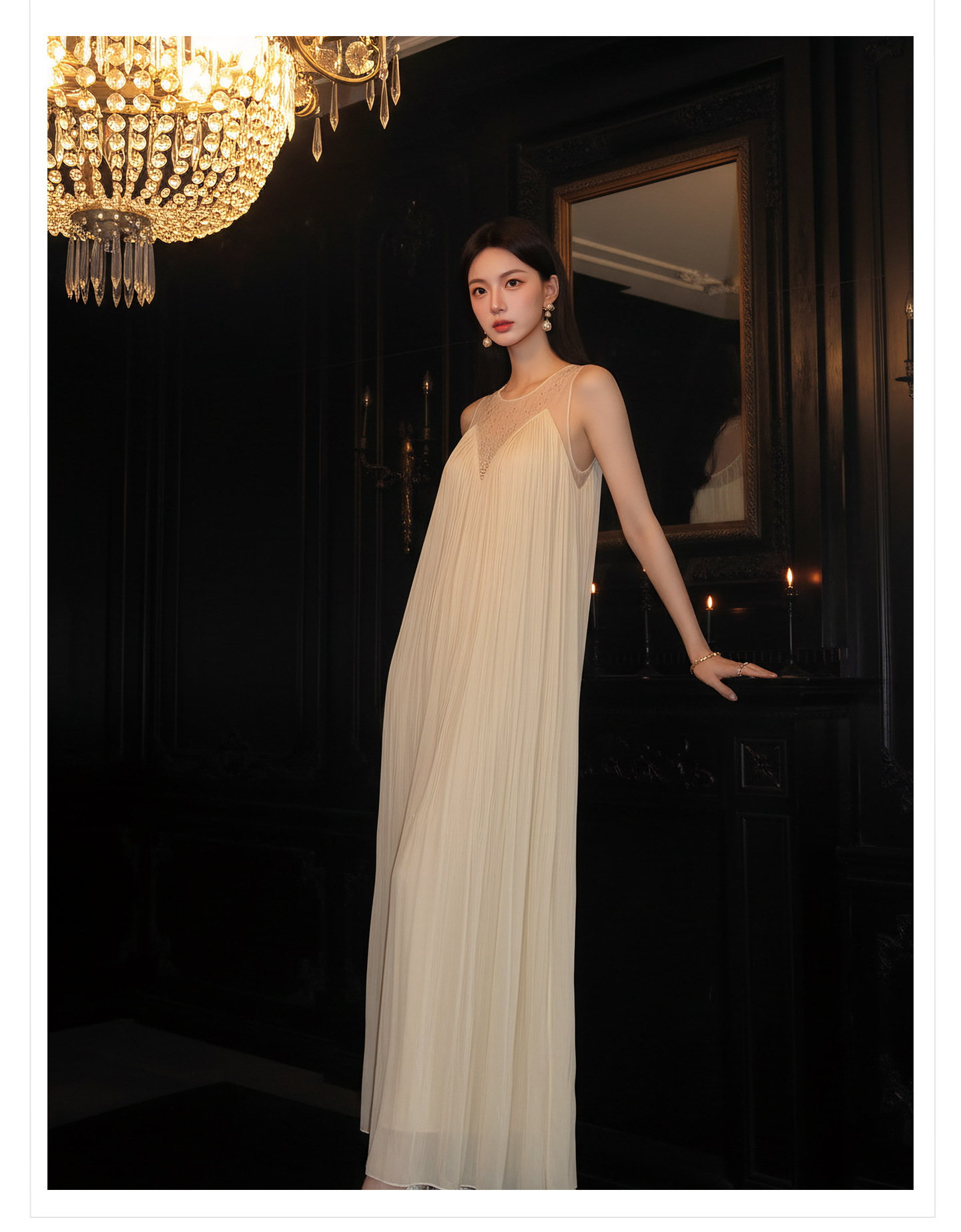 Đầm maxi nữ thắt eo không tay, cổ tròn, phối ren và vải lưới đính đá, tay áo xếp ly bồng — màu nâu, màu mơ chi tiết 14