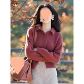 紫红色翻领开叉设计加厚毛衣针织衫女款2024新款深秋初冬穿搭上衣