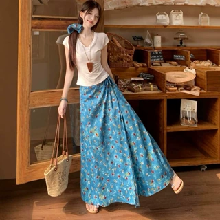 法式蓝色油画碎花半身裙女夏季高腰一片式A字大摆裙温柔穿搭套装