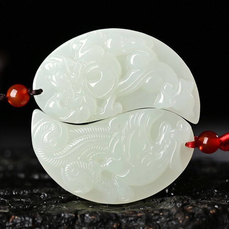Mặt dây chuyền ngọc bích Hetian Tân Cương chính hãng hình rồng phượng – cặp đôi chị em chi tiết 8