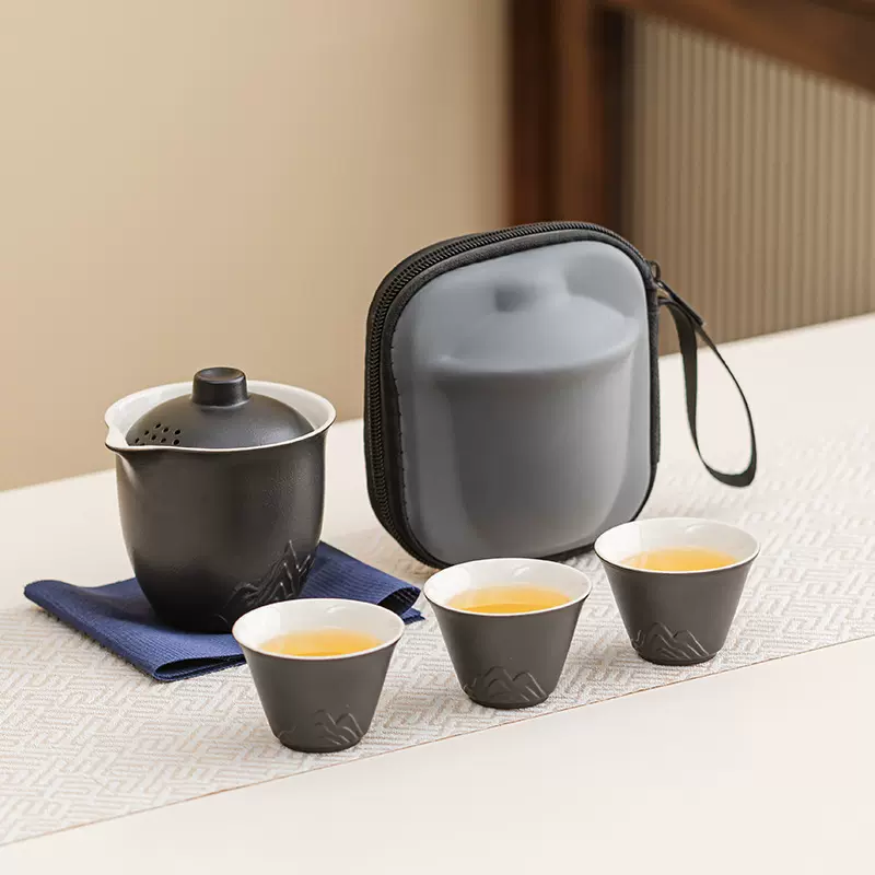 陶瓷茶杯远山茶具公司商务礼品伴手礼旅行便携功夫快客杯三杯套装