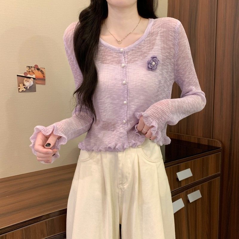 设计感软糯边薄款立体花朵防晒针织衫女春夏新款甜美长袖上衣批发|undefined