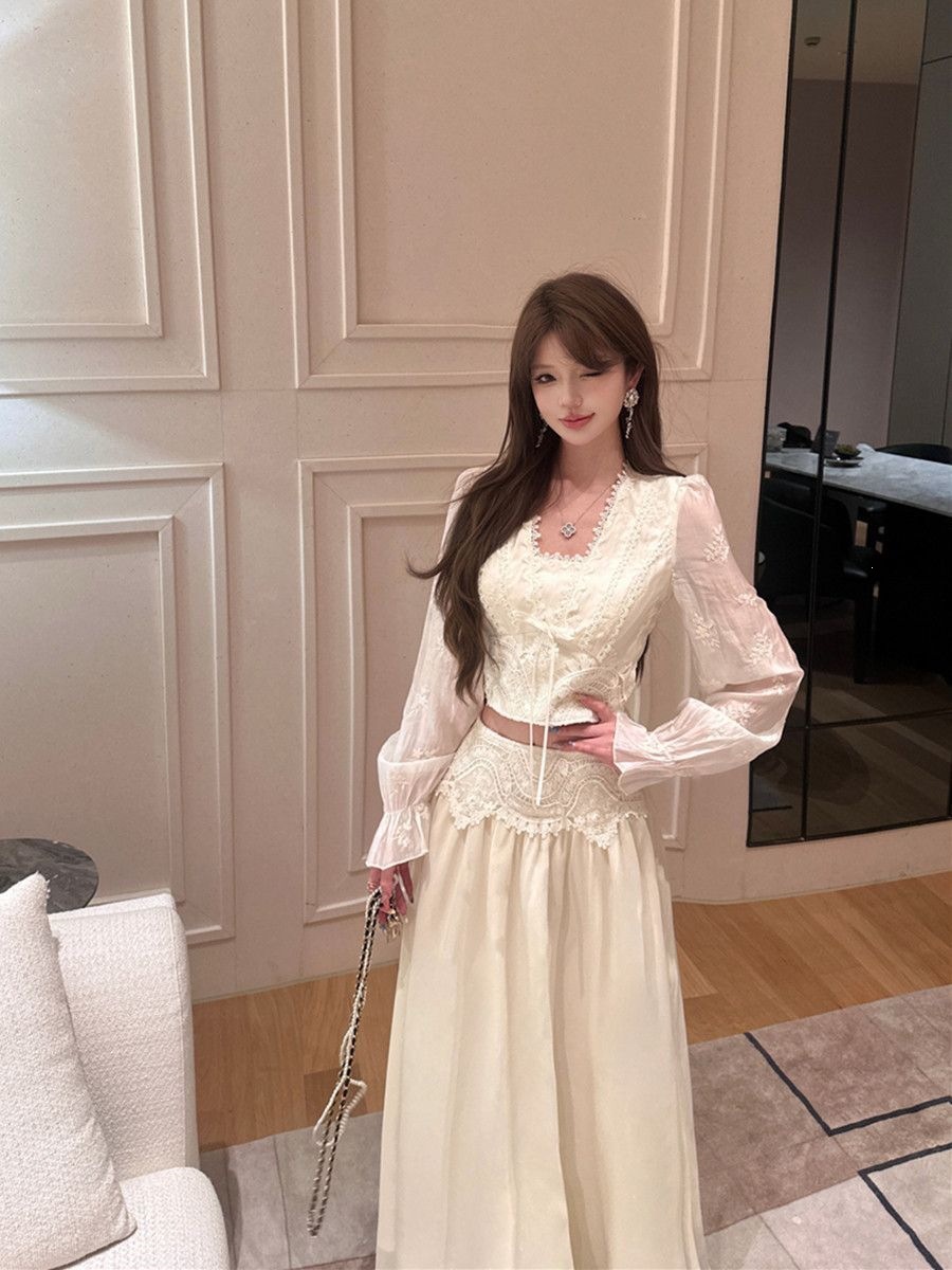 Stylish French Embroidered V-neck Long Sleeve Lace Shirt for Women, Spring/Summer Fashion Set with High-Waisted Skirt, Two-Piece Outfit