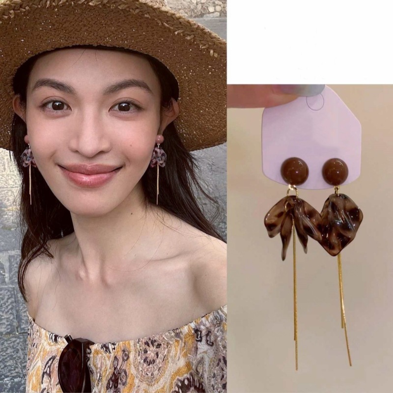 钟楚曦同款豹纹树叶花朵流苏耳环小众设计秋冬新款显脸瘦耳坠耳钉|undefined