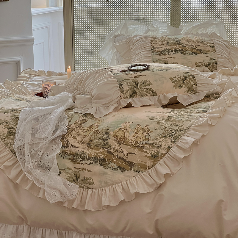 Nordic Vintage Four Piece Bedding Set Pure Cotton Princess Style_voghion.com