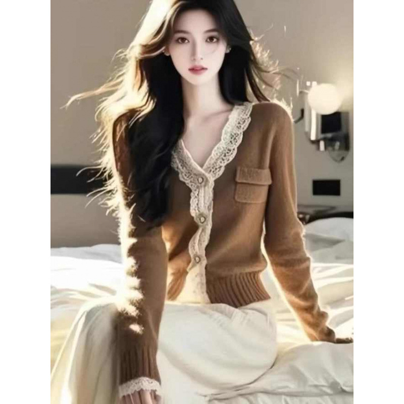 2025 New Style Gentle Elegant Brown Lace V Neck Sweater Knitted Cardigan High-End Top Autum Women's Clothing 2025 New Style Gentle Elegant Brown Lace V Neck Sweater Knitted Cardigan High-End Top Autum Women's Clothing