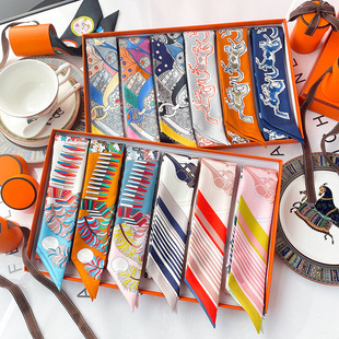 2023 New European and American h Family Mulberry Silk Bag Silk Scarf Tie Bag Decoration Narrow Long Ribbon Headband