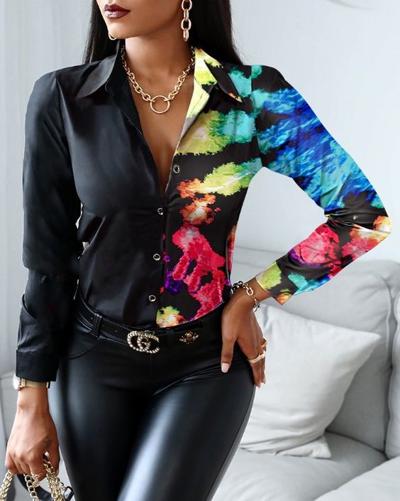 Fashion Printing Spandex Polyester Turndown Long Sleeve Regular Sleeve Printing Blouse
