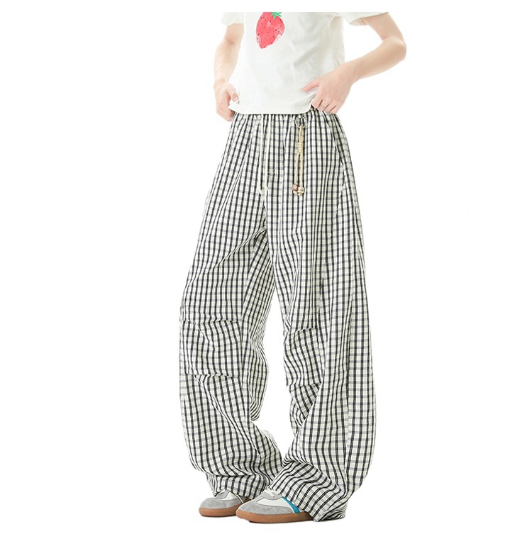 Men's Style Relaxed Fit Plaid Trousers Retro Color Block Wide Leg Casual Trendy Brand Drapey Paratrousers_viptrois.com