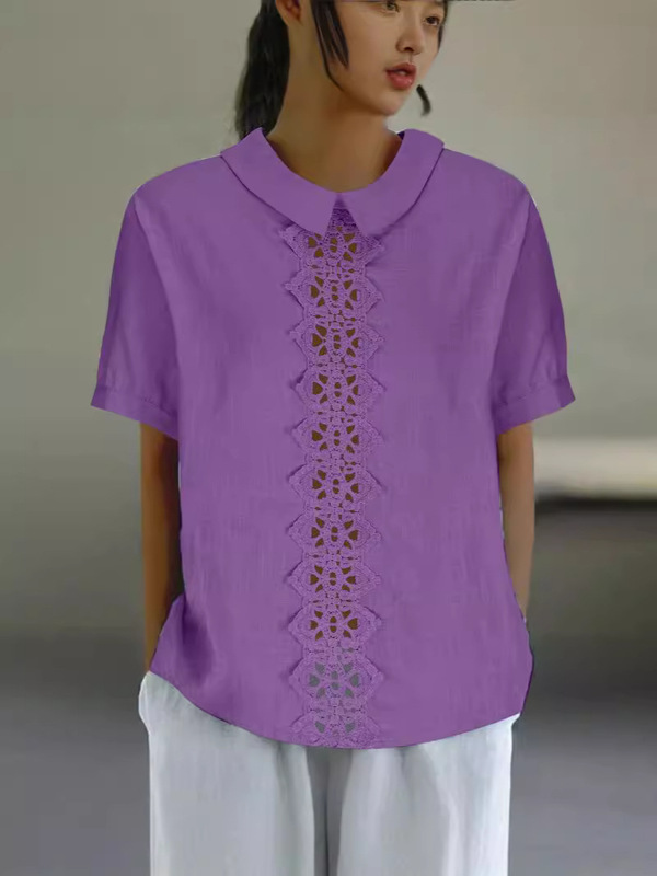 綿麻の網のレースの独立した駅の新型のゆったりした襟のシャツの女性の半袖の上着のtシャツをつなぎ合わせます。|undefined