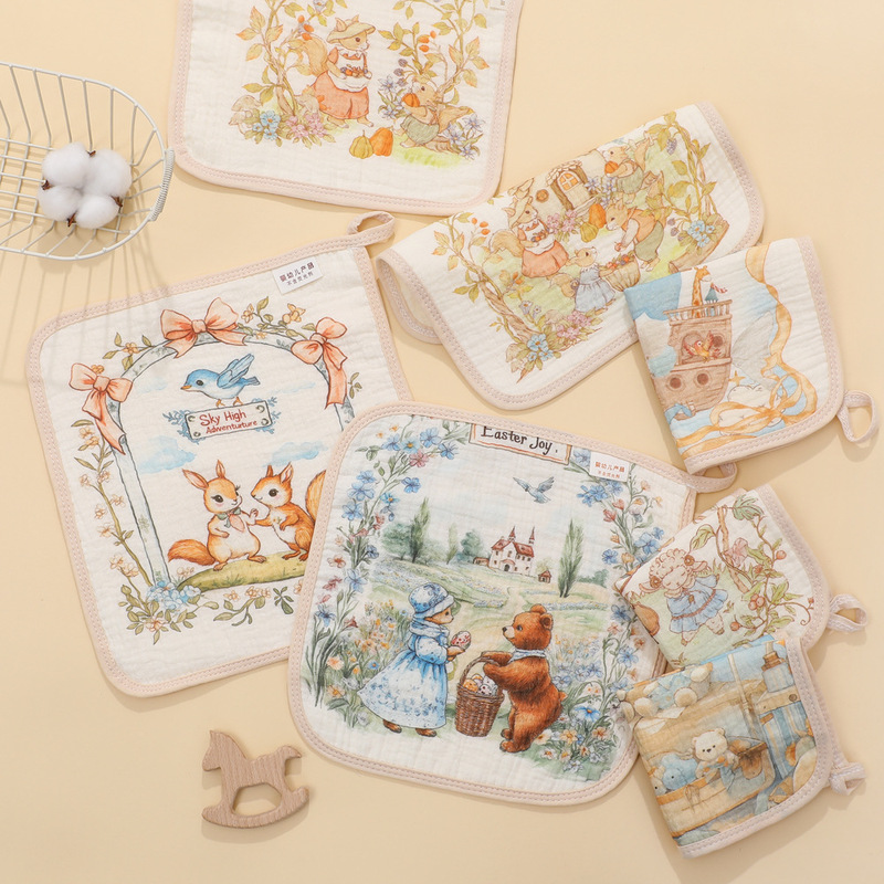 Four-Layer Gauze Saliva Towel Kindergarten Cartoon Children's Square Towel Baby Face Wash Absorbent Small Towel Children's Towel Handkerchief