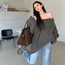 RHGD实拍冬日新款韩版大翻领一字肩设计感宽松慵懒中长款厚实毛衣