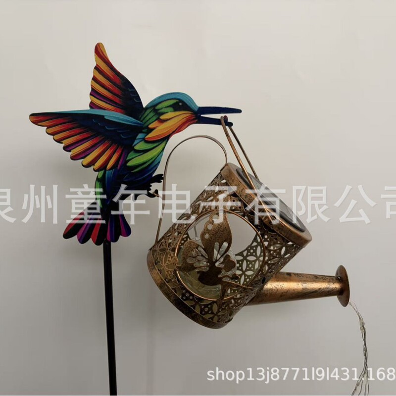 New Solar-Powered Watering Can Light for Outdoor Garden Decoration, Hummingbird-Shaped Hook, Garden Hollow-Out Iron Art Light Control
