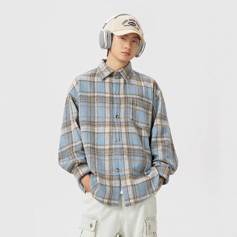 American Retro Plaid Long-Sleeve Shirt for Men, New Spring Style, Turn-Down Collar, Pocket Shirt, Textured Loose-Fitting Couple's Jacket for Women