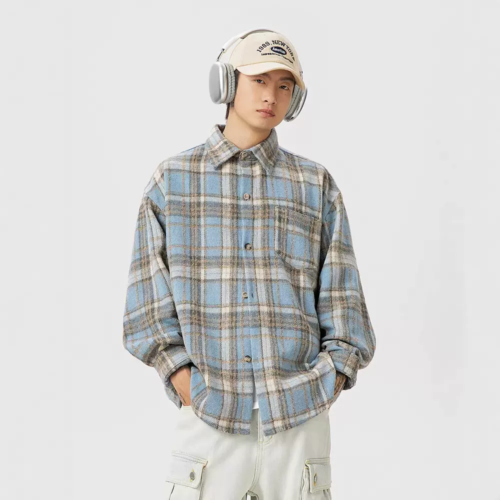 美式复古格纹长袖衬衫男春新款翻领口袋衬衣质感宽松情侣外套女q