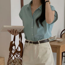 短袖polo领衬衫女纯色宽松休闲简约百搭显瘦洋气衬衣减龄韩版上衣