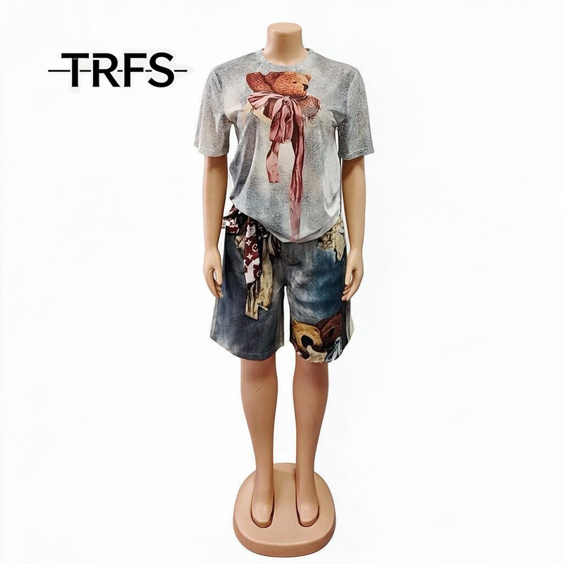 26 Summer New Round Neck T-Shirt Short Sleeve Denim Straight Shorts Printed Design Trendy Street Style Women's Versatile Clothing