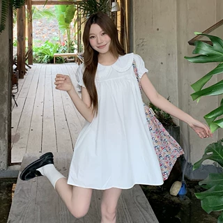 小个子穿搭白色娃娃领连衣裙2026夏季甜美别致减龄短袖娃娃裙子女