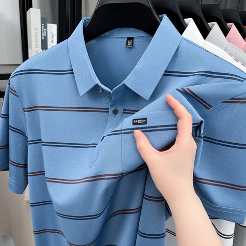 Summer new style lapel ice silk short-sleeve POLO shirt men's stripe true pocket middle-old casual t-shirt shirt top men