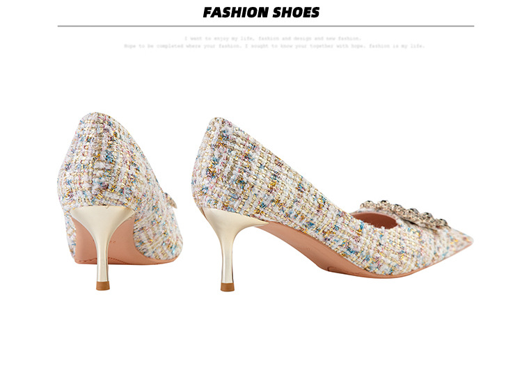 Fashion sexy slim high heels slim heels High heels shallow-cut pointe sparkling rhinester buckle women's single shoes_voghion.com