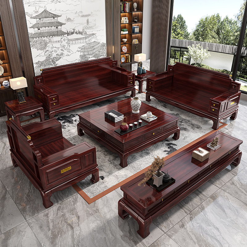 Ebony wood solid wood sofa with high legs, new Chinese style, for living room, neoclassical, home use, luxurious, direct sales from the source manufacturer