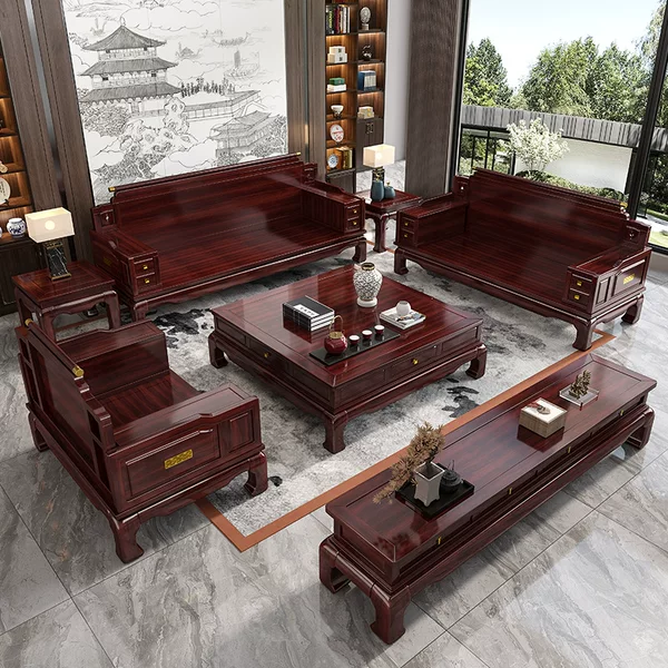 Ebony wood solid wood sofa with high legs, new Chinese style, for living room, neoclassical, home use, luxurious, direct sales from the source manufacturer