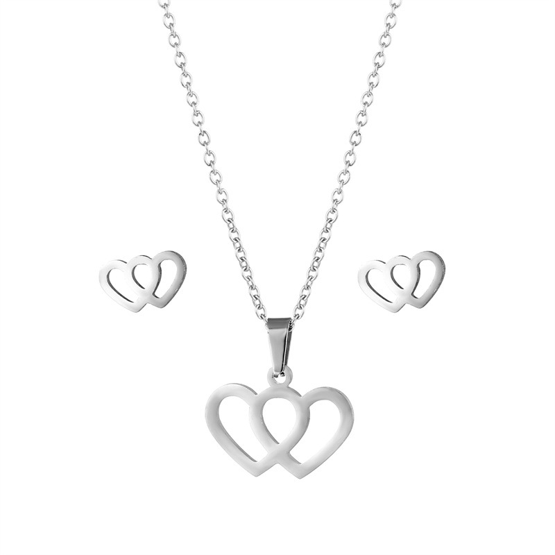 fashion stainless steel double heart necklace earrings set
