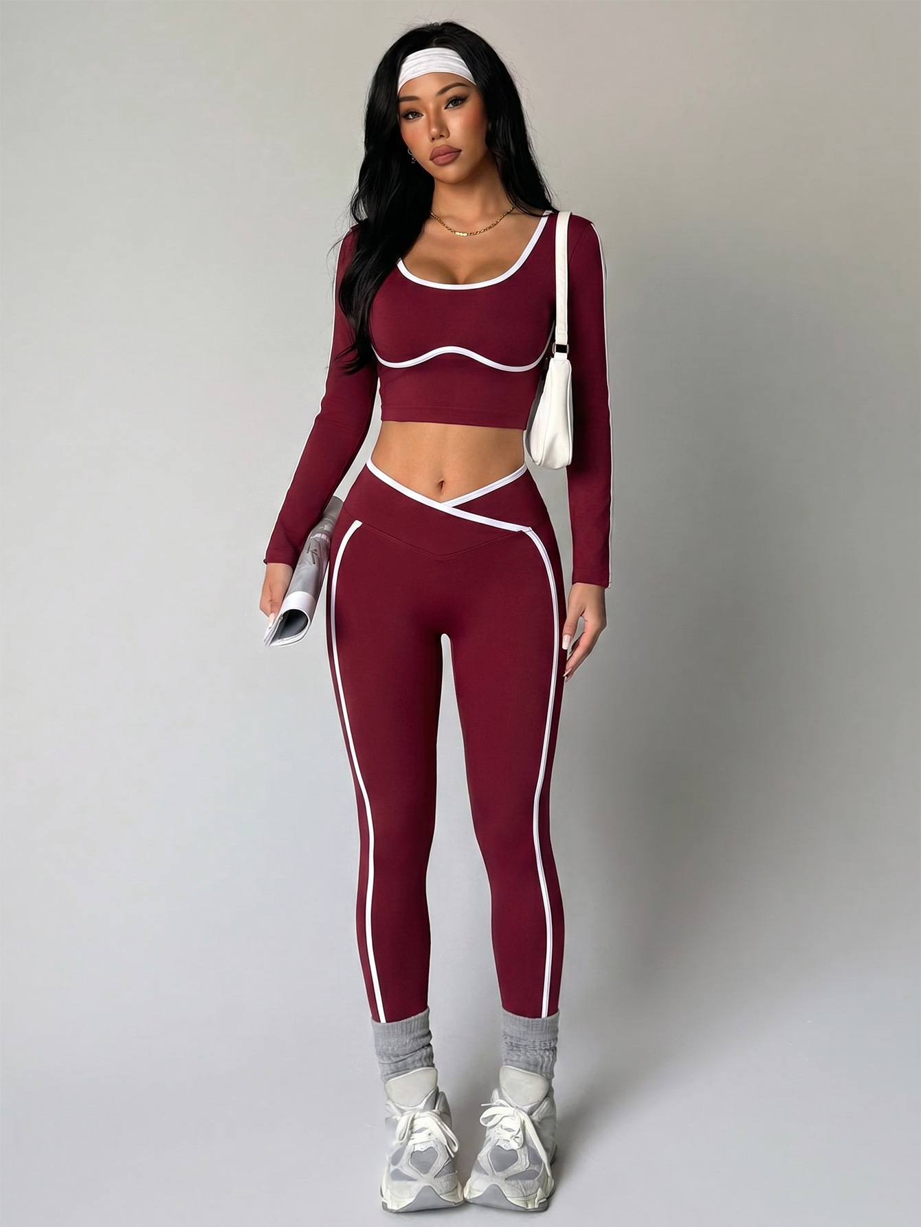 Trajes deportivos de color transfronterizos de otoño de mujeres cuello en forma de U, ropa de yoga de manga larga, cintura alta y cadera, ajuste de dos piezas image 6