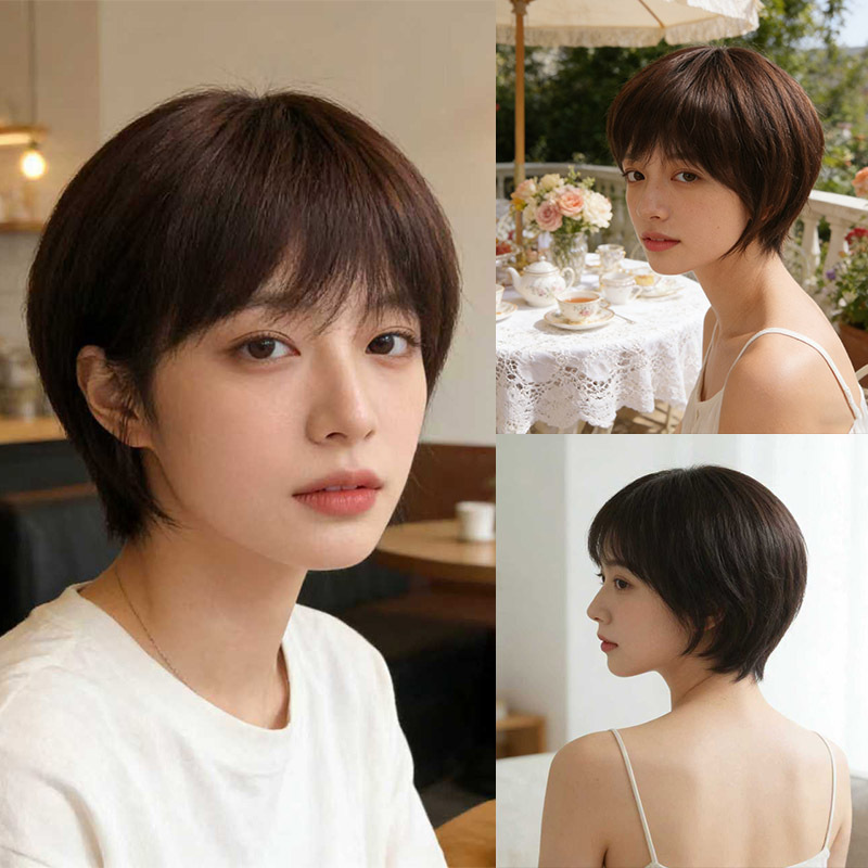 Fashionable and Stylish Short Straight Hair Wig with Ear-Hanging Design, Natural and Age-Reducing, Unisex, Suitable for Daily Use, Korean and Japanese Style