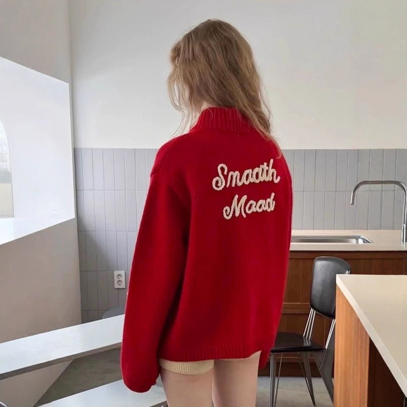 Now, Korean Designer Sm*Thmo*D Letter Sweater Is a Korean-Style Women's Christmas-Themed Knitted Cardigan Jacket