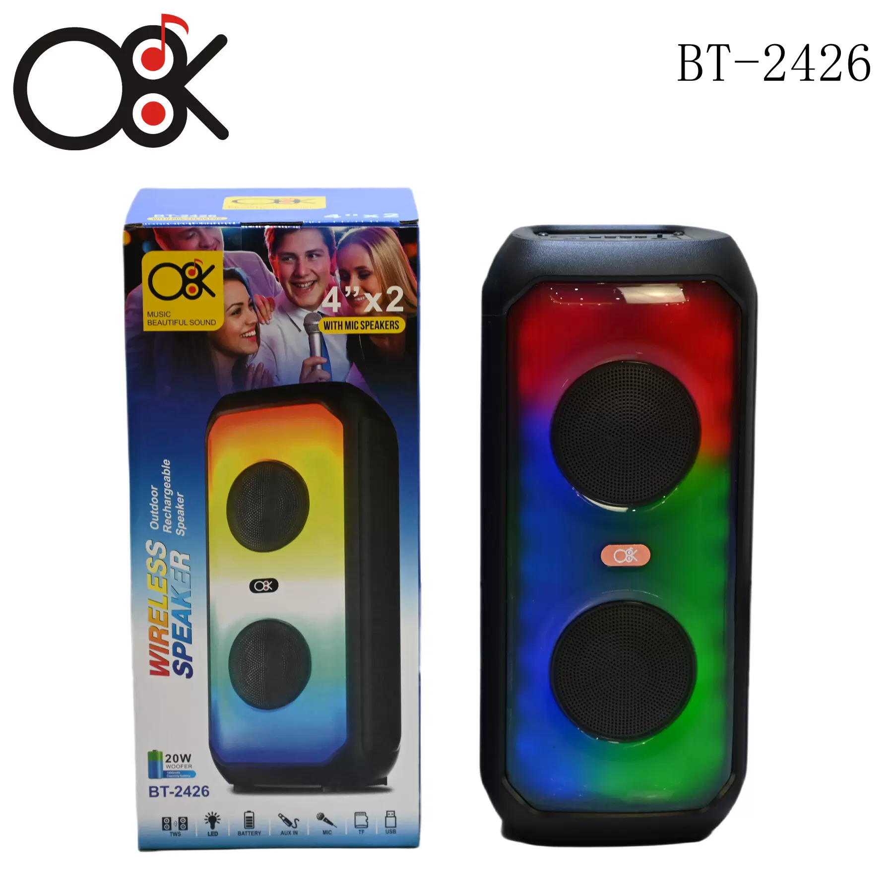 新款双4寸蓝牙音箱手提RGB户外插卡BT=2426便携无线蓝牙音响