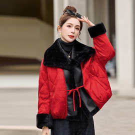 2025冬新款皮毛一体拼接大毛领羽绒服女时尚短款小个子白鸭绒外套